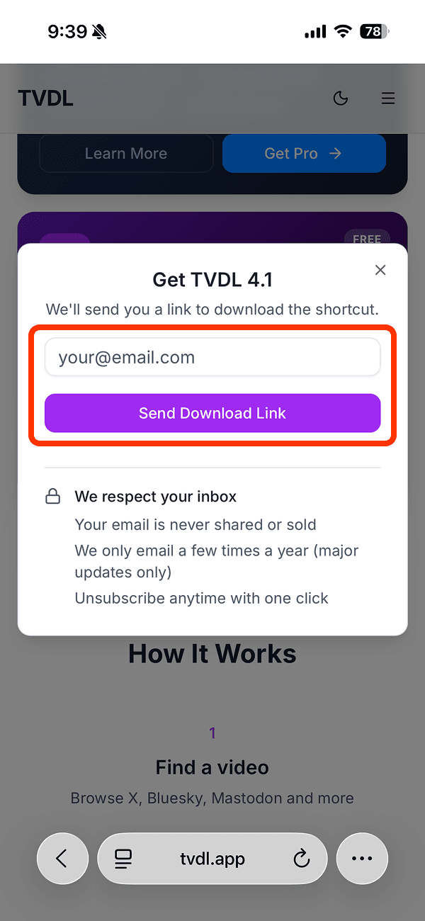 TVDL 4.1 「Send Download Link」をタップ
