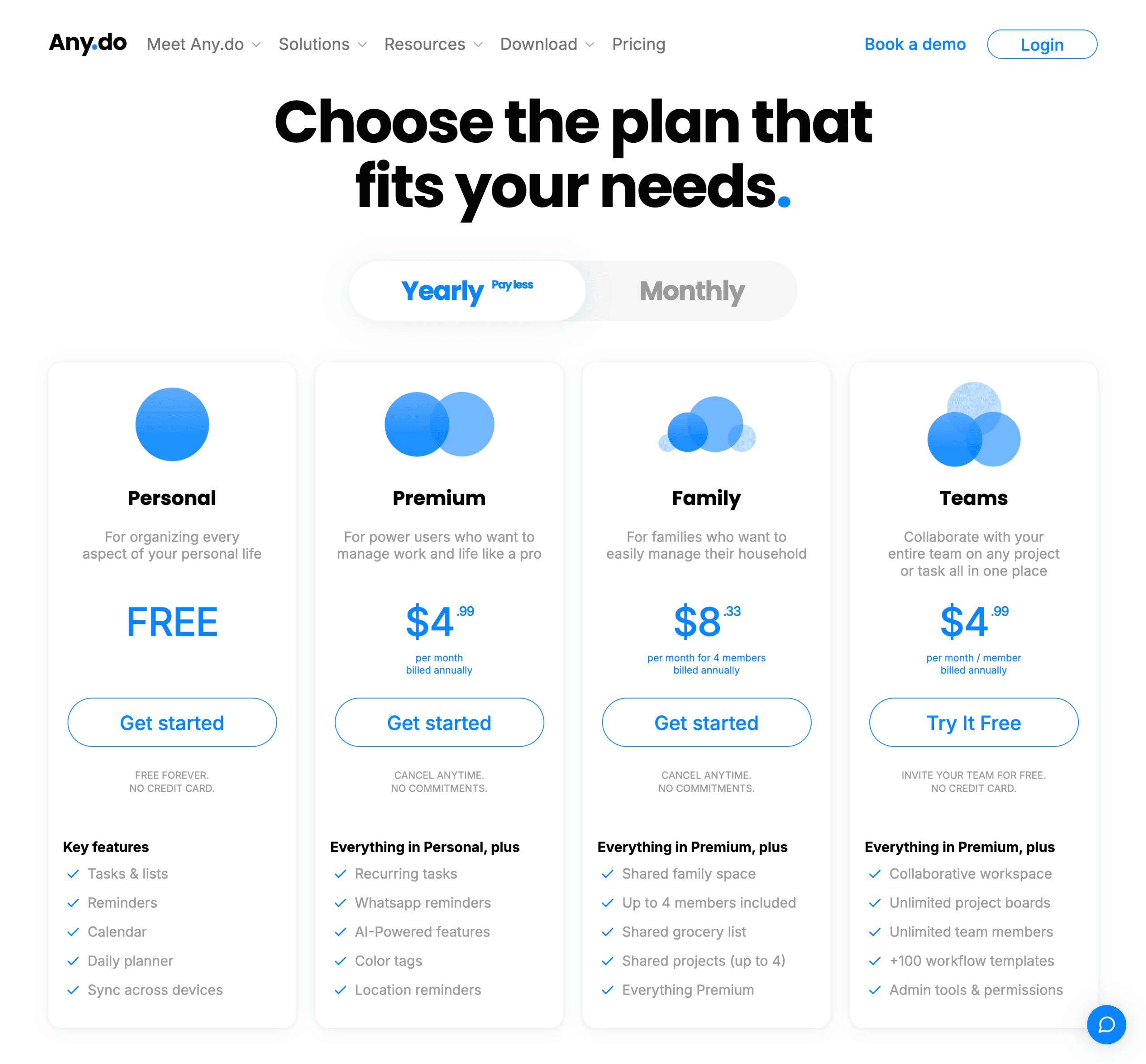 Any.do compare plans / pricing