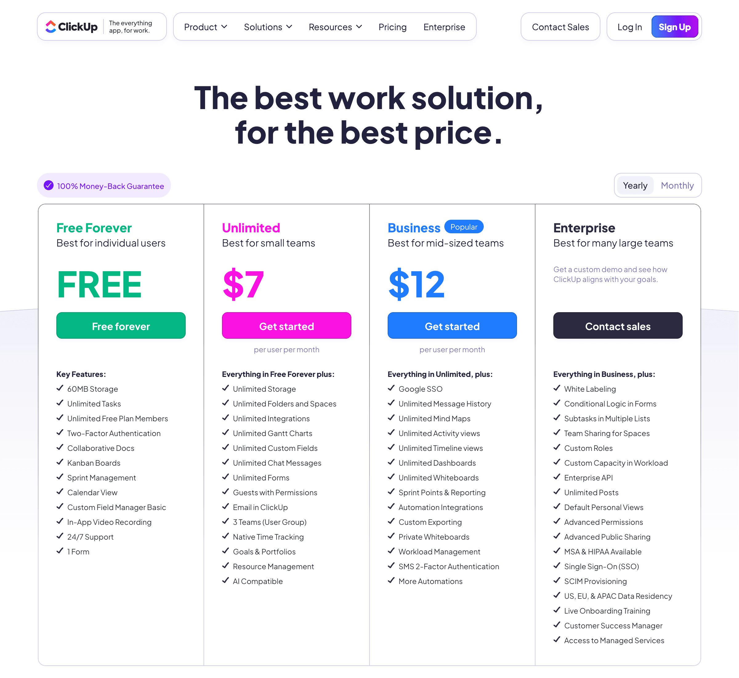 ClickUp compare plans pricing