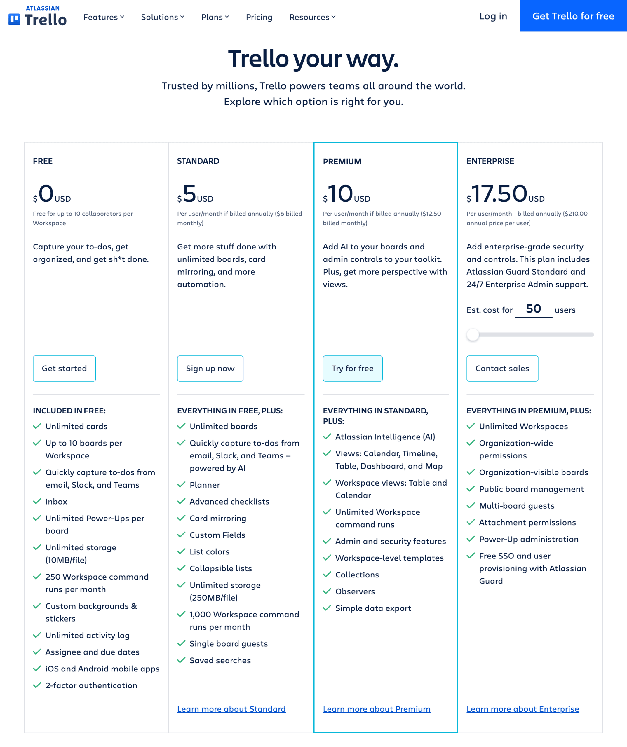 Trello compare plans
