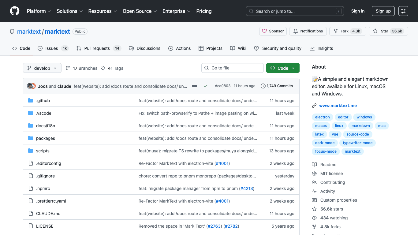 MarkText GitHub page screenshot