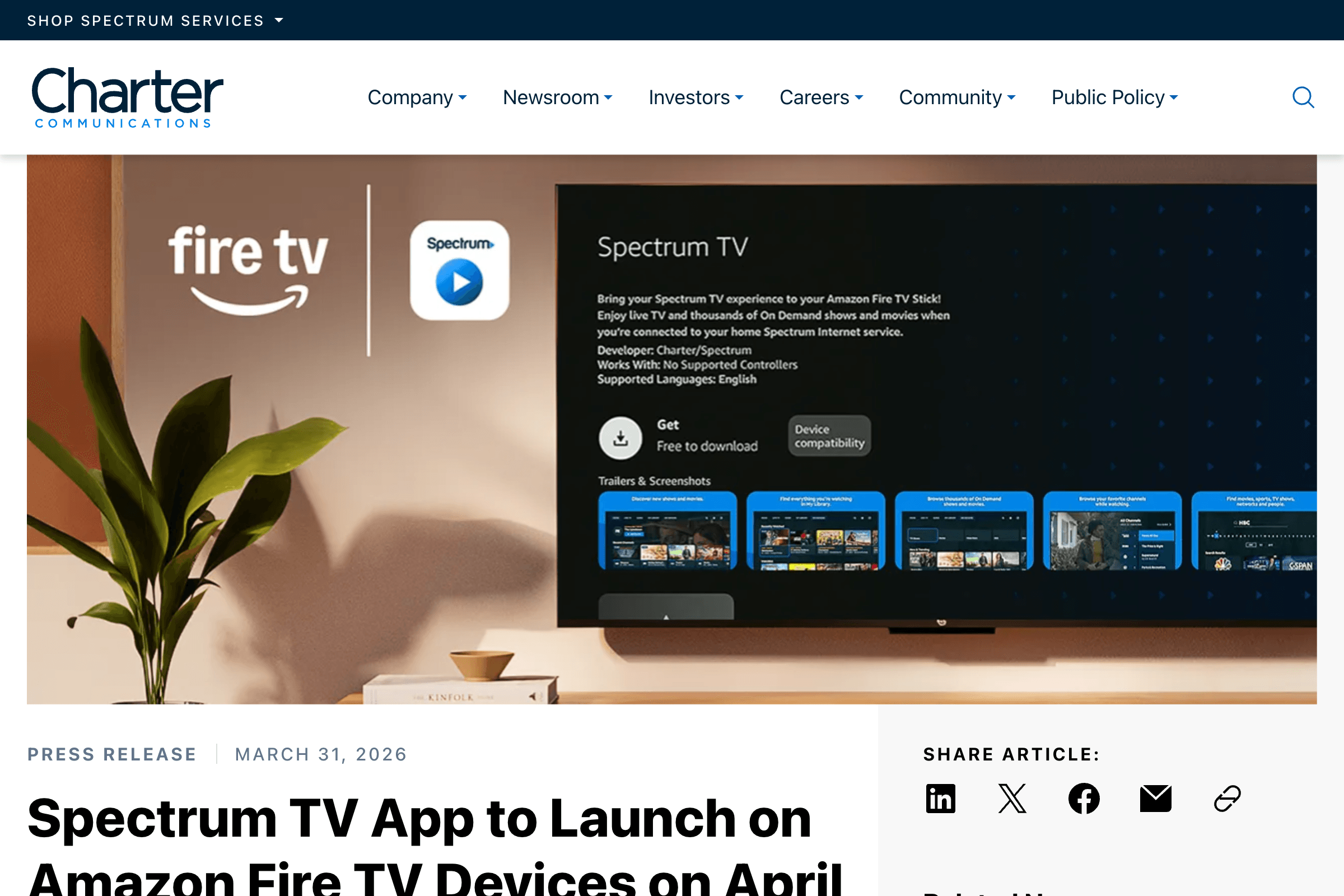Official Charter page about Spectrum TV App on Fire TV