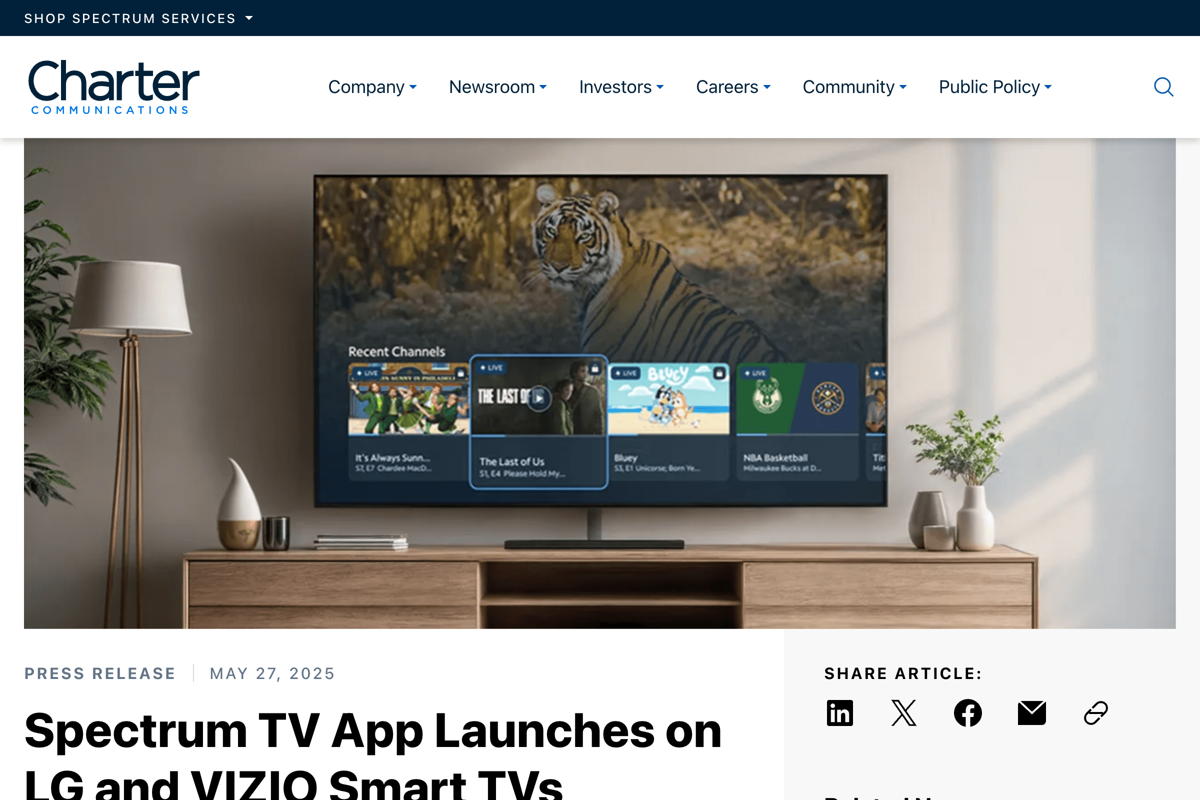 Official Charter page about Spectrum TV App availability