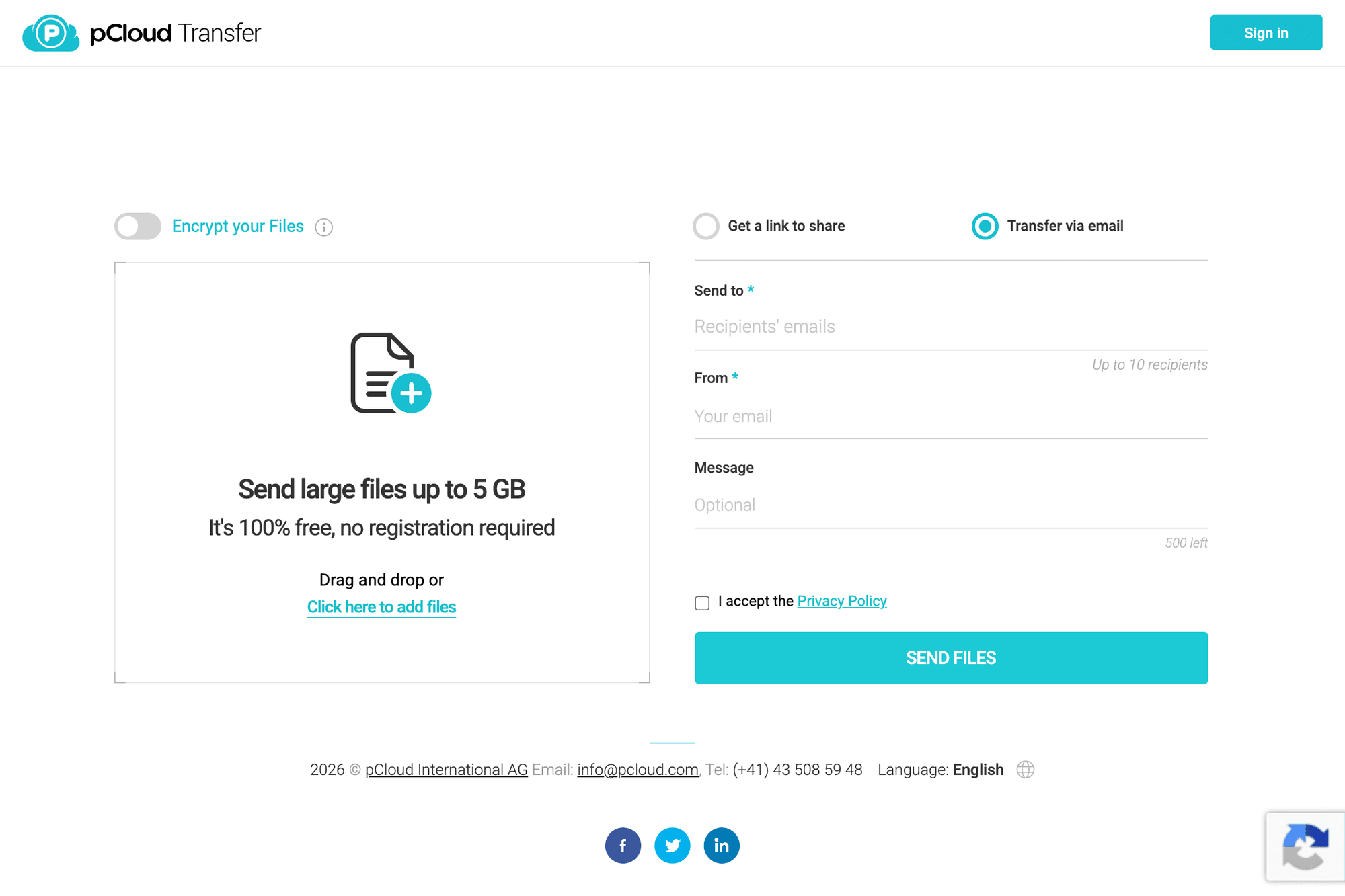 pCloud Transfer official website screenshot