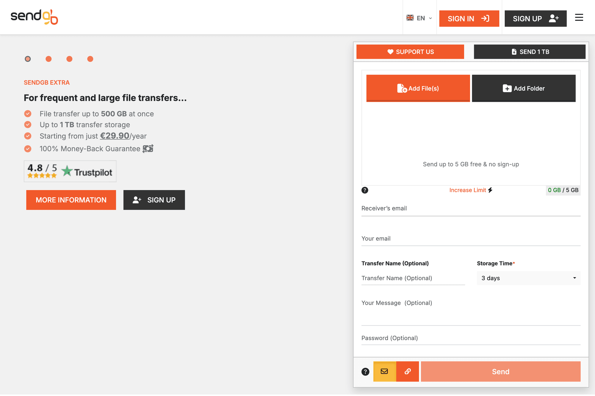 SendGB official website screenshot