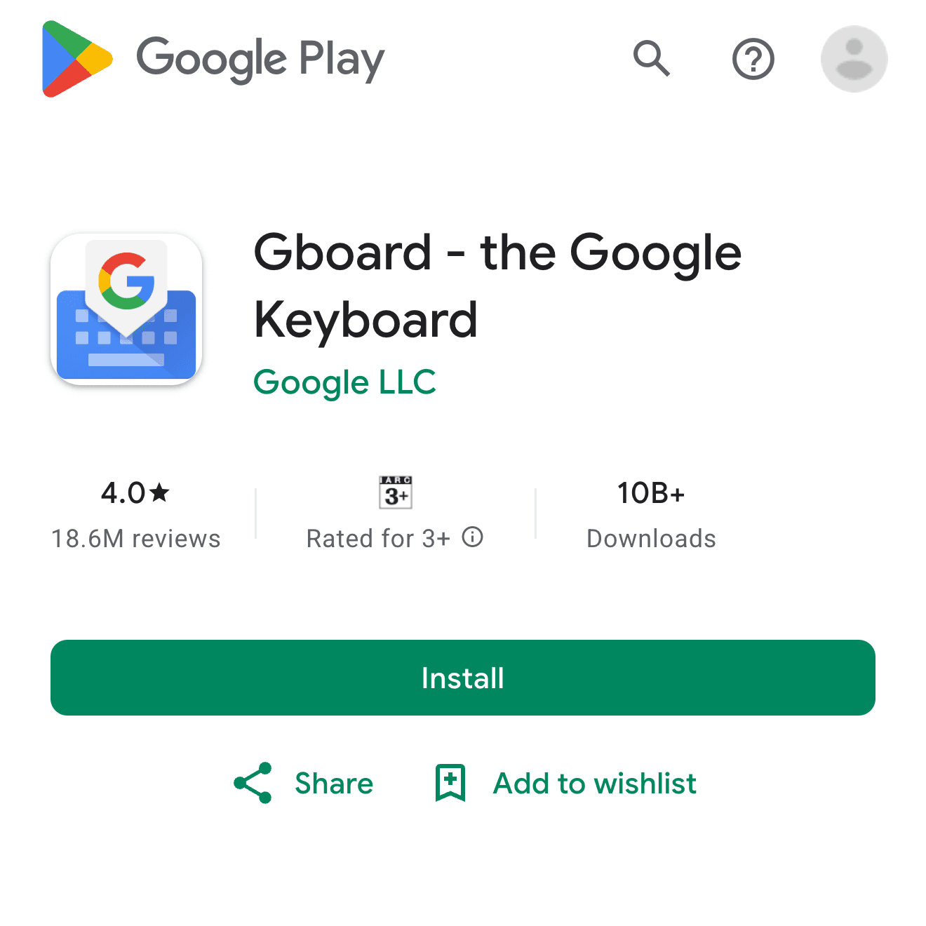 Gboard Google Play page screenshot