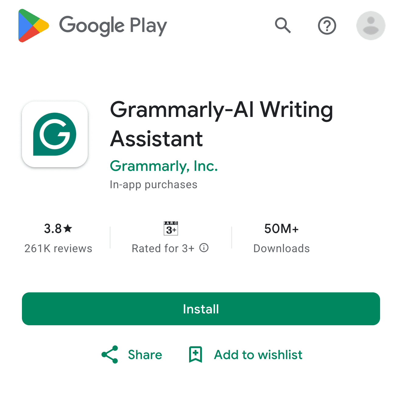 Grammarly Android app Google Play page screenshot
