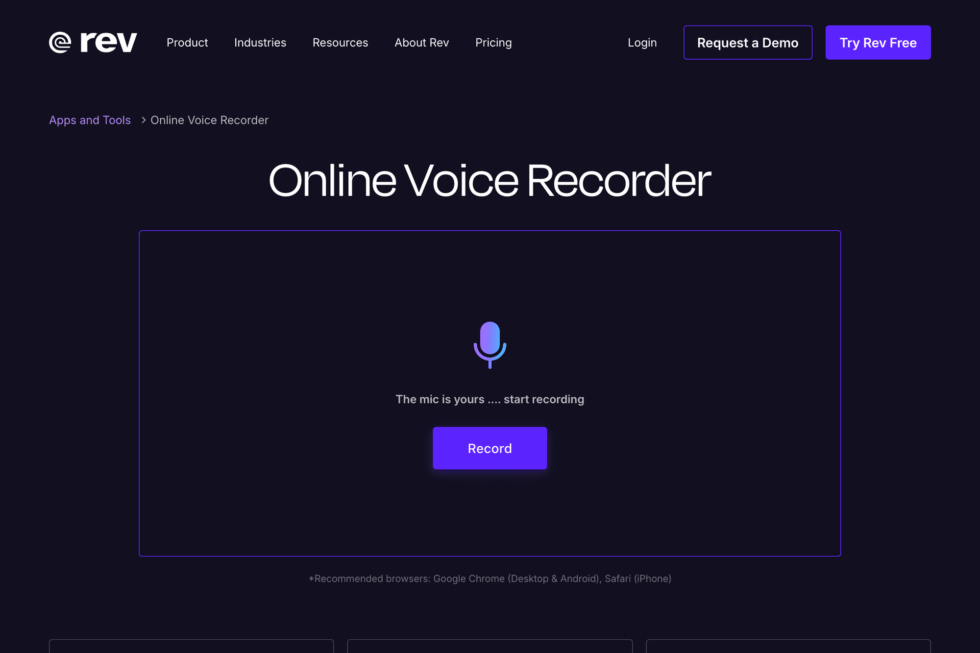 Rev Online Voice Recorder official website screenshot