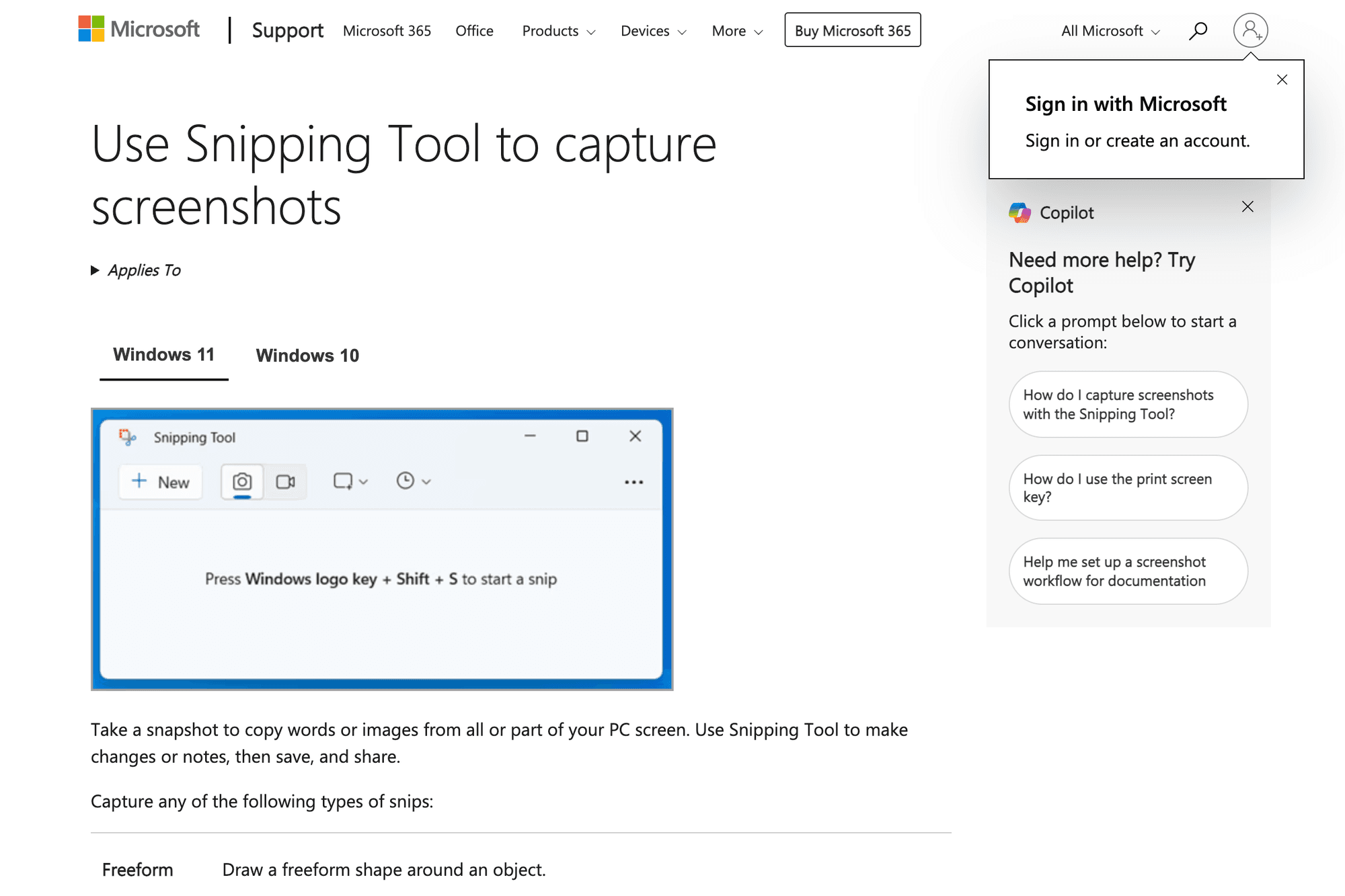 Snipping Tool Microsoft support page screenshot