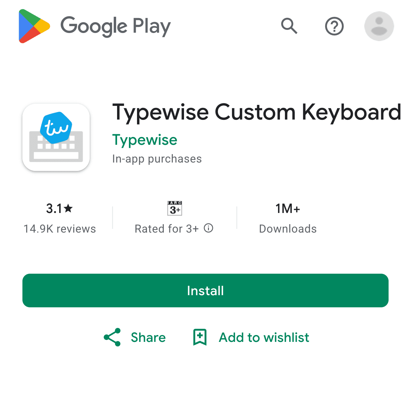 Typewise Google Play page screenshot