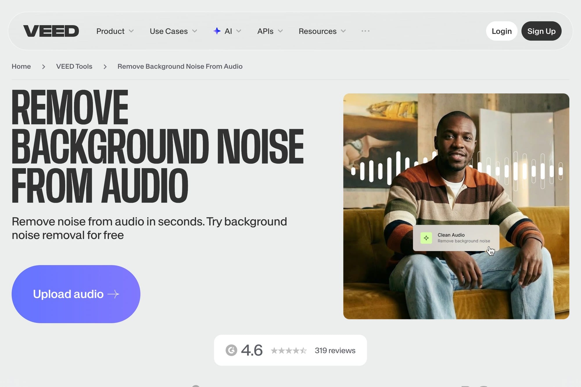 VEED.IO background noise remover official website screenshot