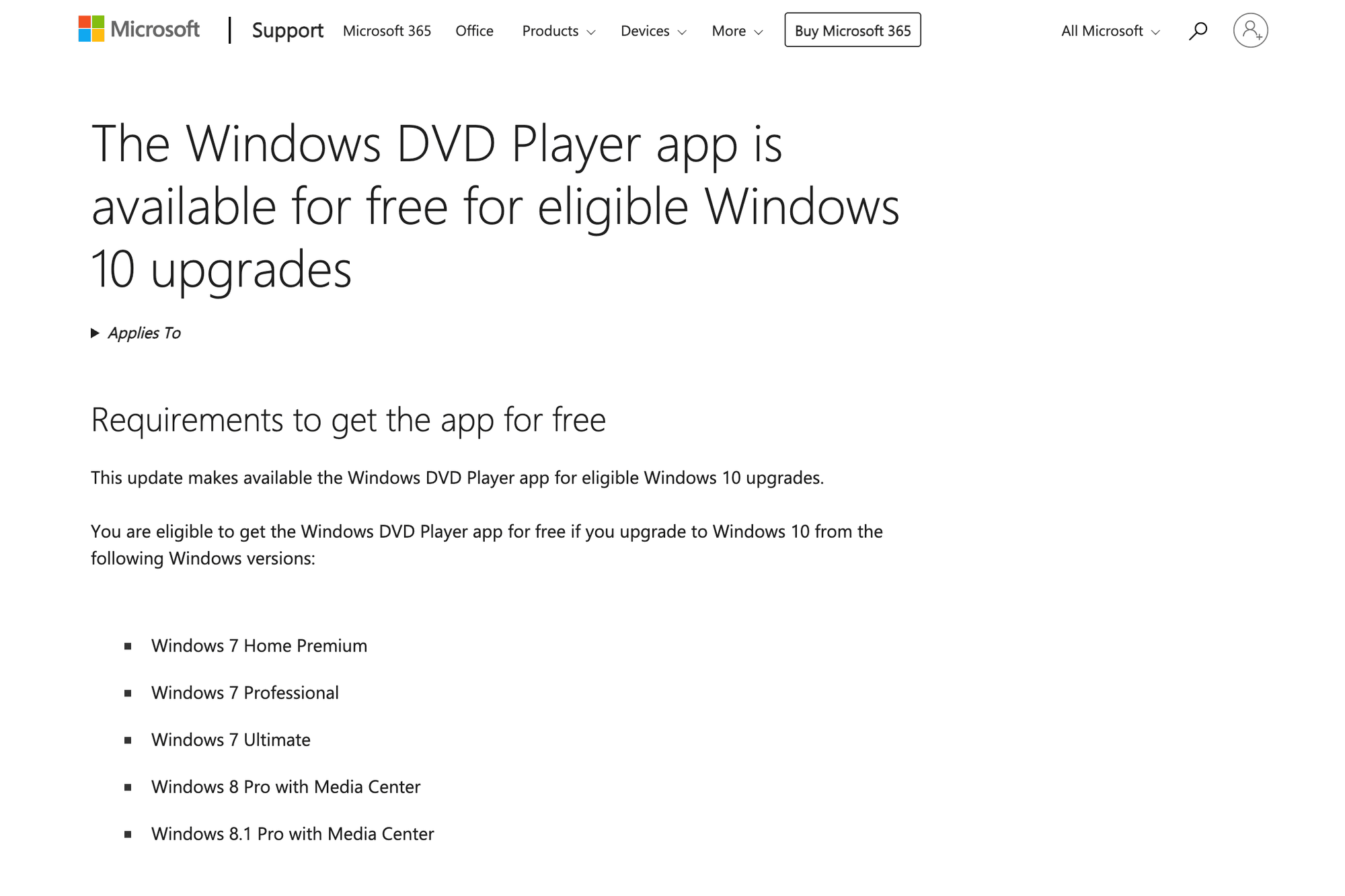 Windows DVD Player Microsoft support page screenshot
